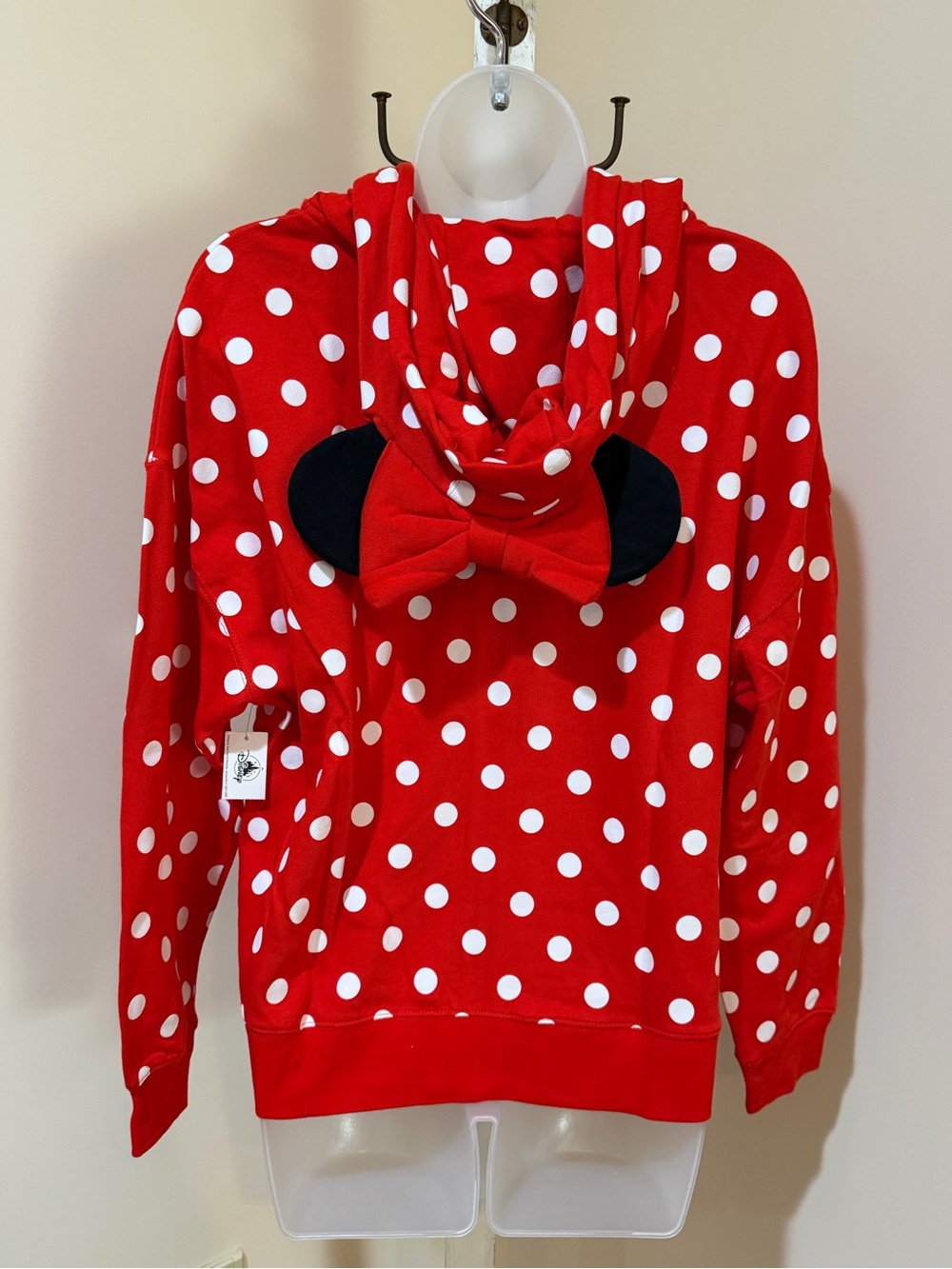 NEW DISNEY MINNIE MOUSE POLKA DOT HOODIE JACKET WITH BUILT IN EARS & RED BOW XS